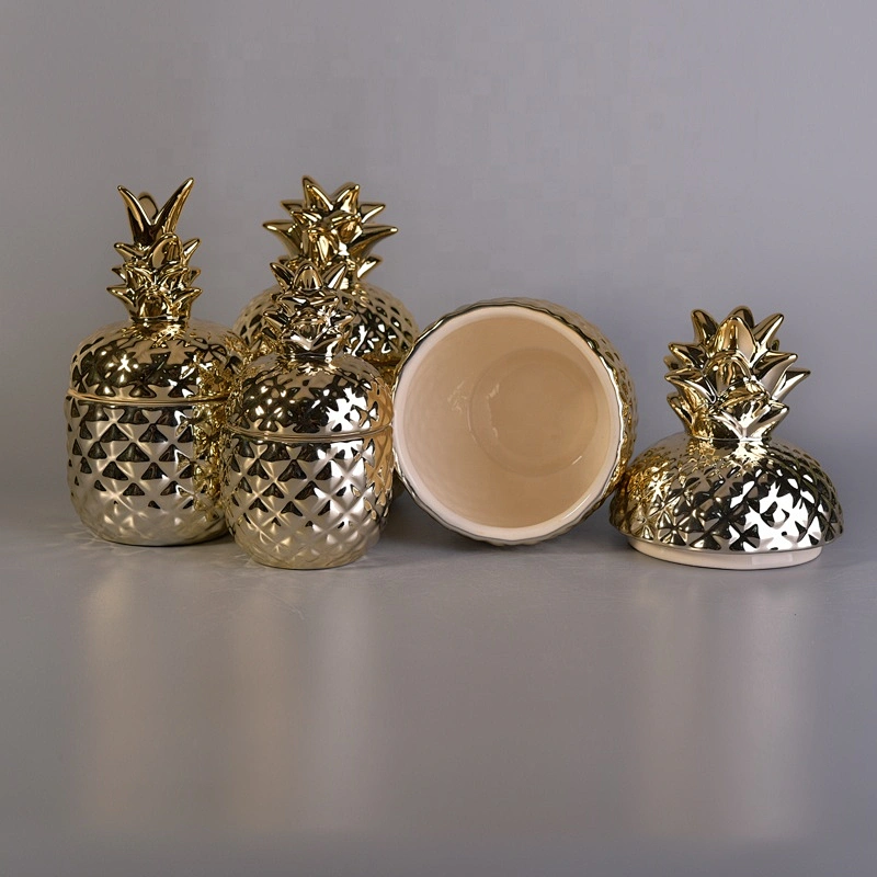 Pineapple shape ceramic candle jar decorative with gold lid wholesales