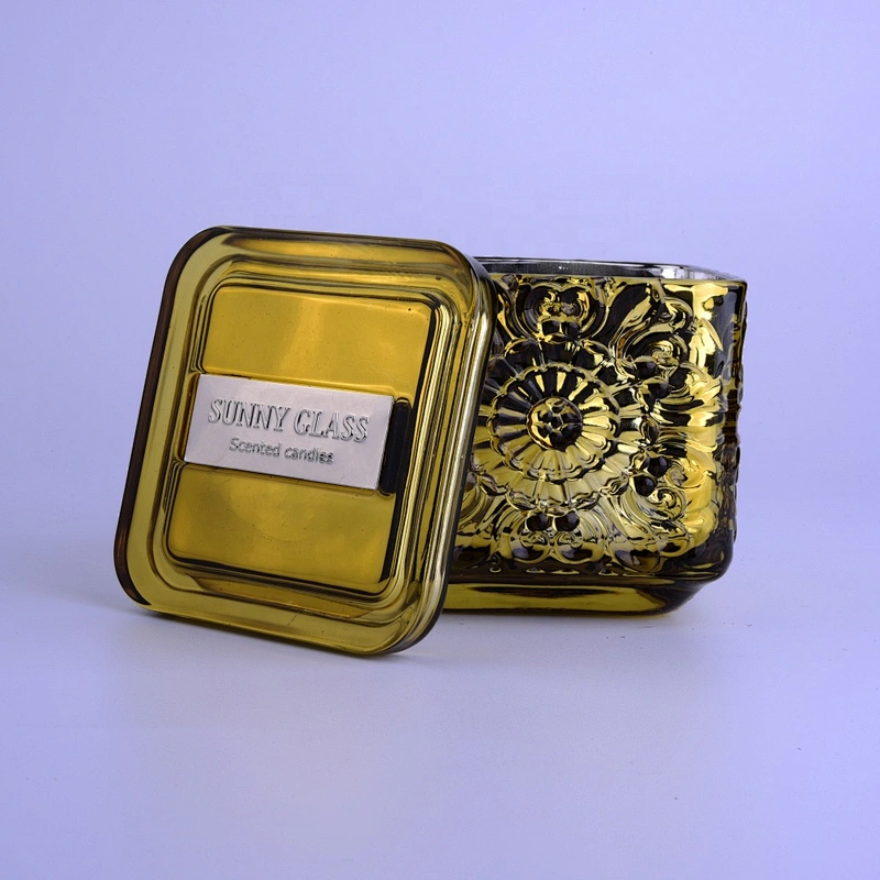 Wholesales square gold crystal glass candle holder with lid