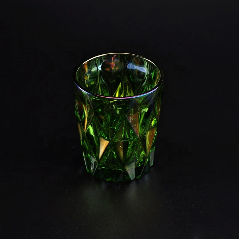 Green iridescent diamond glass candle jars home decoration wholesale