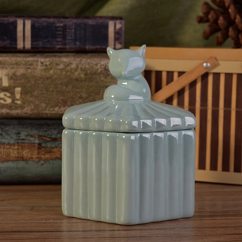 Geometric striped ceramic candle jar tealight candle holder with lid wholesale