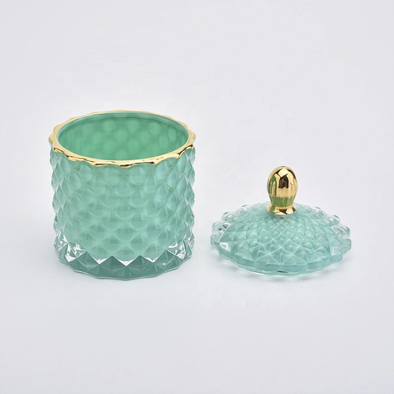 Gold Rim Solid Green Glass Candle Jar with Lids Home Decor Wholesales