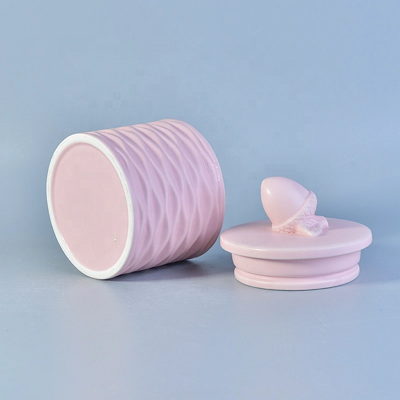 Customized pink glaze ceramic votive candle vessel candle jar with lid home decorative use