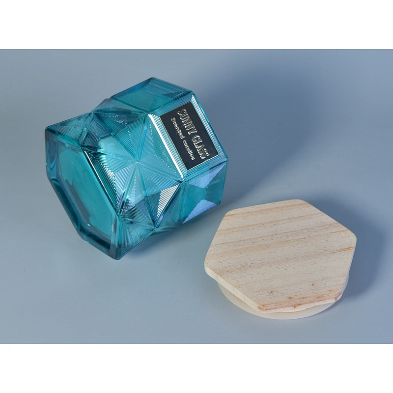 hexagon glass candle jar with wood lid, luxury glass candle holder