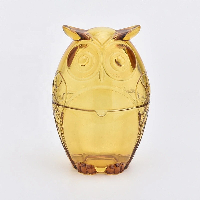 Owl shape glass candle jar with lid brown home decoration