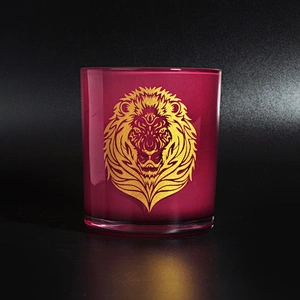 12 OZ glass candle container, red glass with gold decal