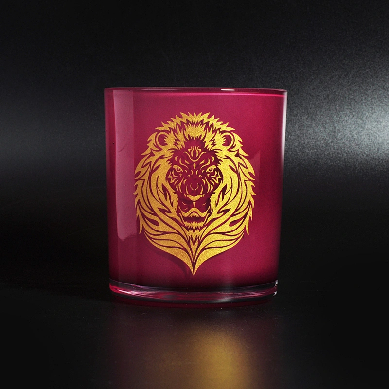 12 OZ glass candle container, red glass with gold decal