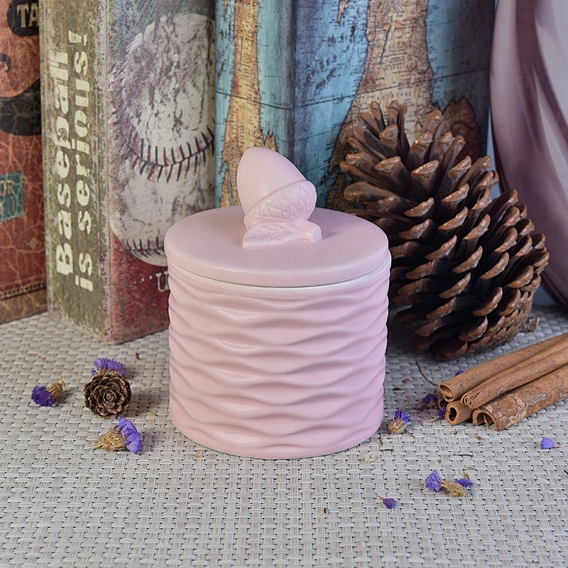 Customized pink glaze ceramic votive candle vessel candle jar with lid home decorative use