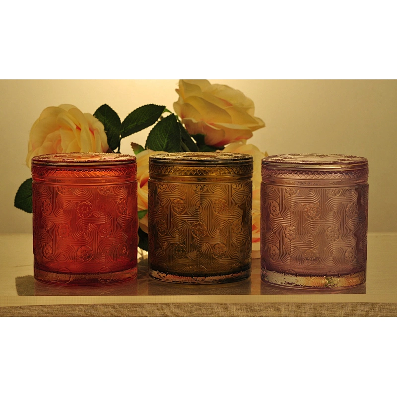 Sunny design luxury embossed Glass candle holder with glass lids