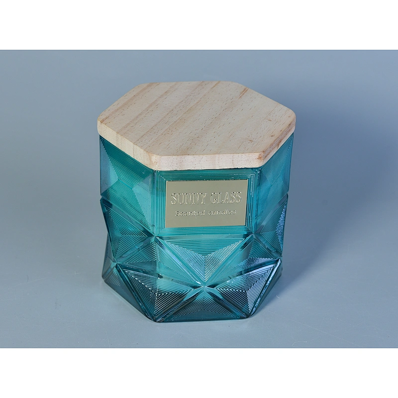 hexagon glass candle jar with wood lid, luxury glass candle holder