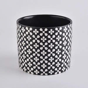 black round ceramic candle vessel with decorative pattern, cylinder ceramic candle holders