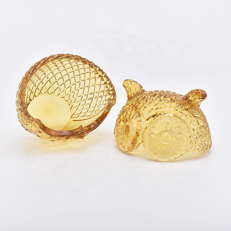 Small owl shape yellow glass candle jar home decoration
