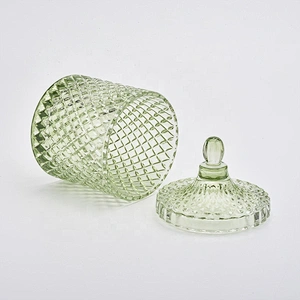 Green Diamond Glass Candle Jars with Glass Lids Home Decor Wholesales