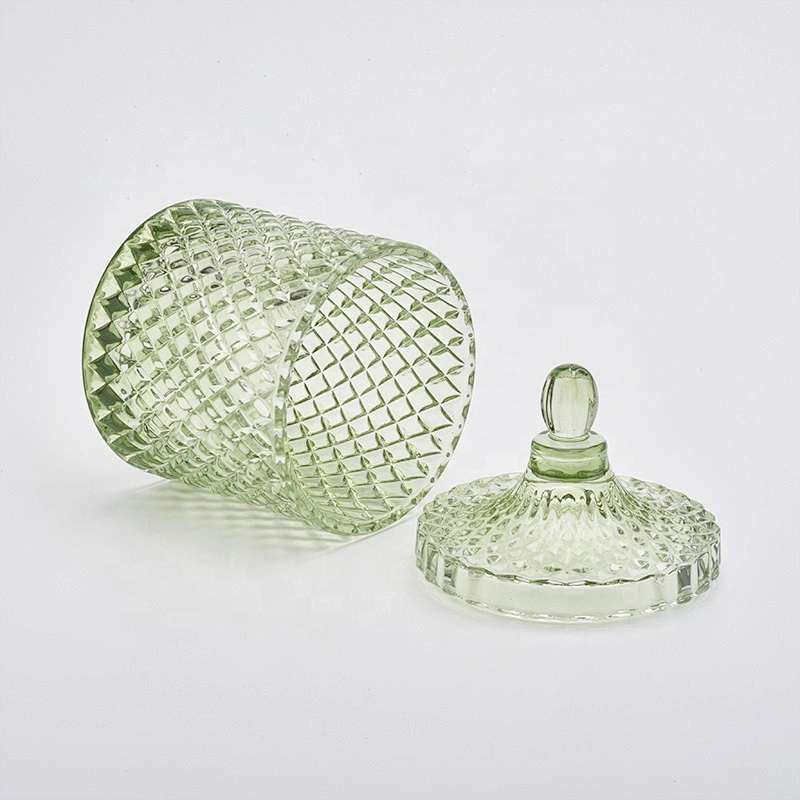 Green Diamond Glass Candle Jars with Glass Lids Home Decor Wholesales