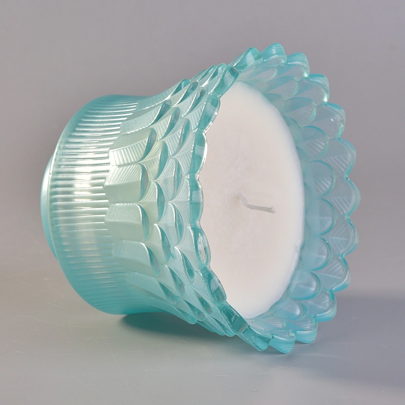 Wholesales feather tealight blue luxury glass candle vessels