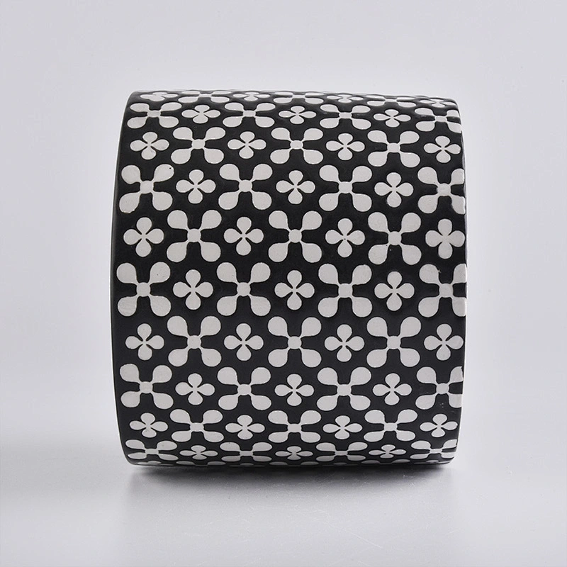 black round ceramic candle vessel with decorative pattern, cylinder ceramic candle holders
