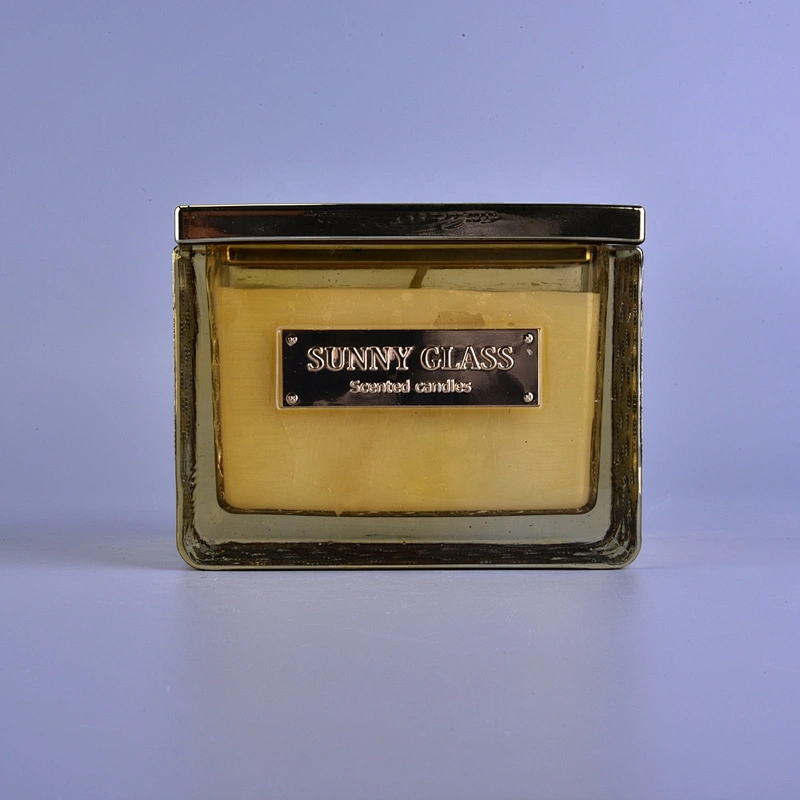 Sunny Glassware Luxury square gold glass candle jar with golden lid