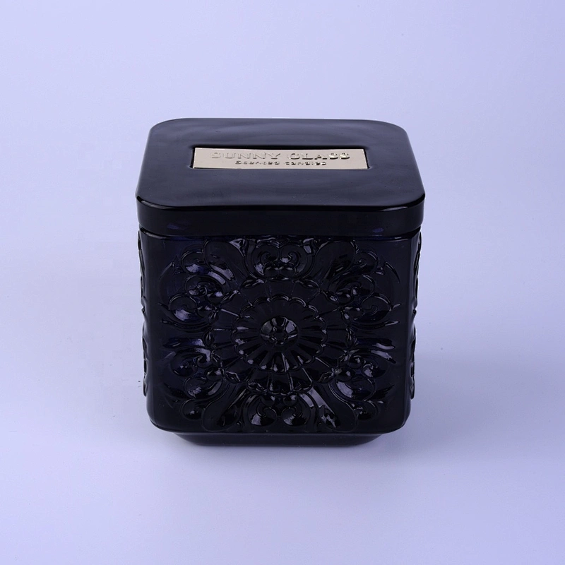 Wholesales square black crystal glass candle jar with lid