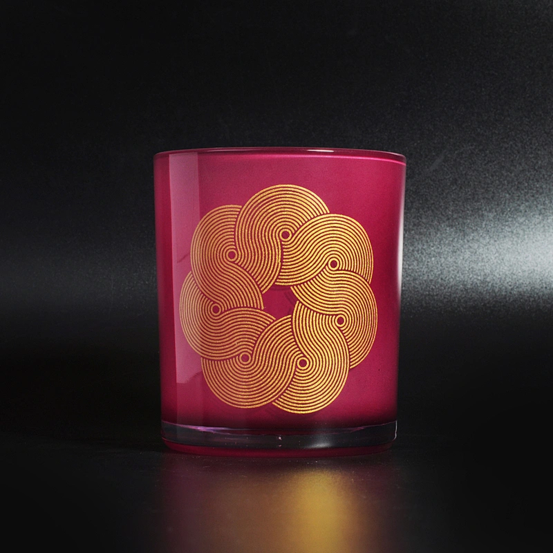 12 OZ glass candle container, red glass with gold decal