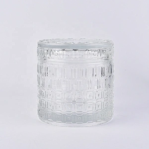 Wholesale 410ml cylinder glass embossed candle  holders with lid home decoration