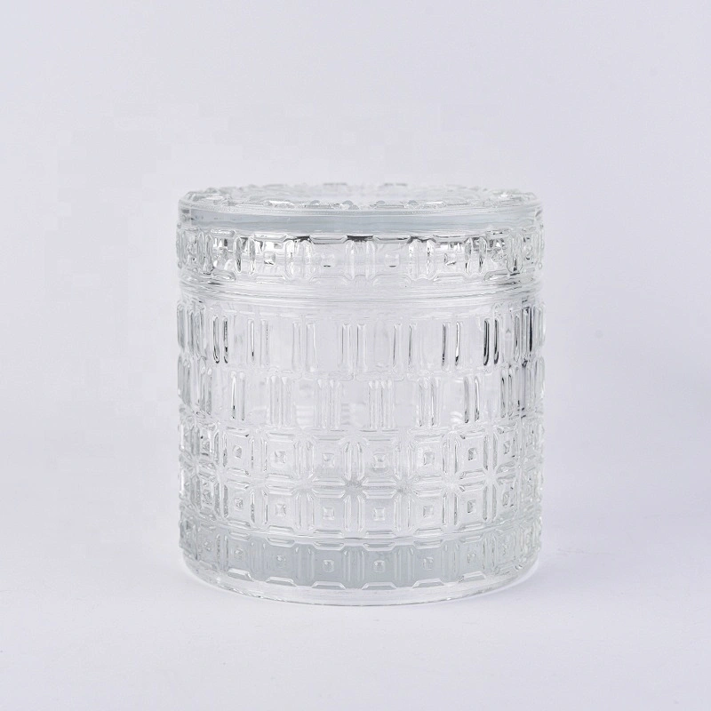 Wholesale 410ml cylinder glass embossed candle  holders with lid home decoration
