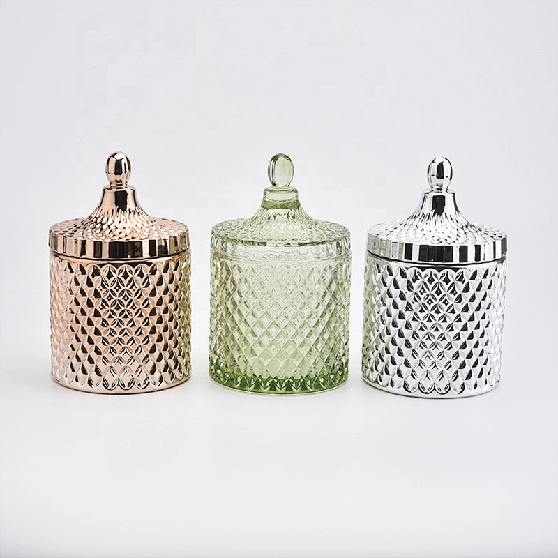 Green Diamond Glass Candle Jars with Glass Lids Home Decor Wholesales
