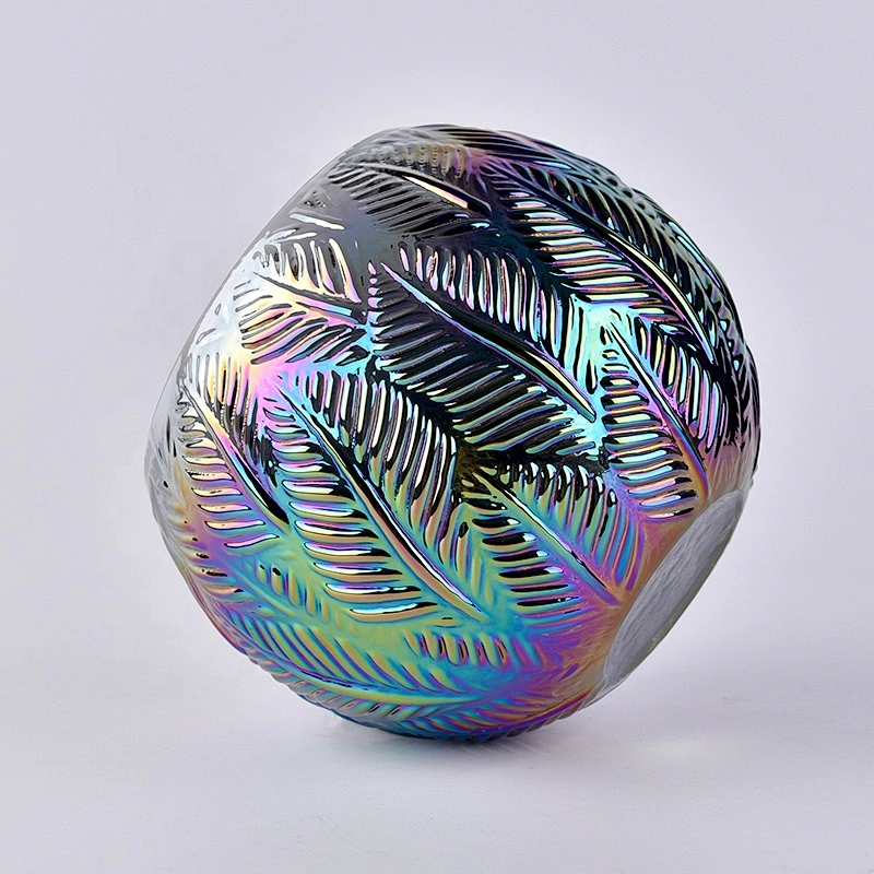 Iridescent pine glass candle jar embossement ball home decoration wholesale