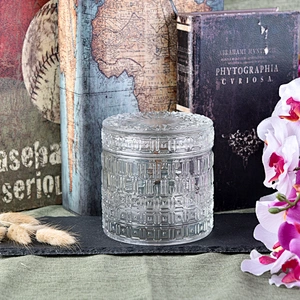 Wholesale 410ml cylinder glass embossed candle  holders with lid home decoration