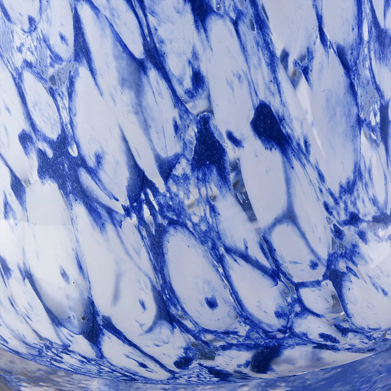 blue and white glass candle vessel, hand made 12 oz glass candle jar home decoration