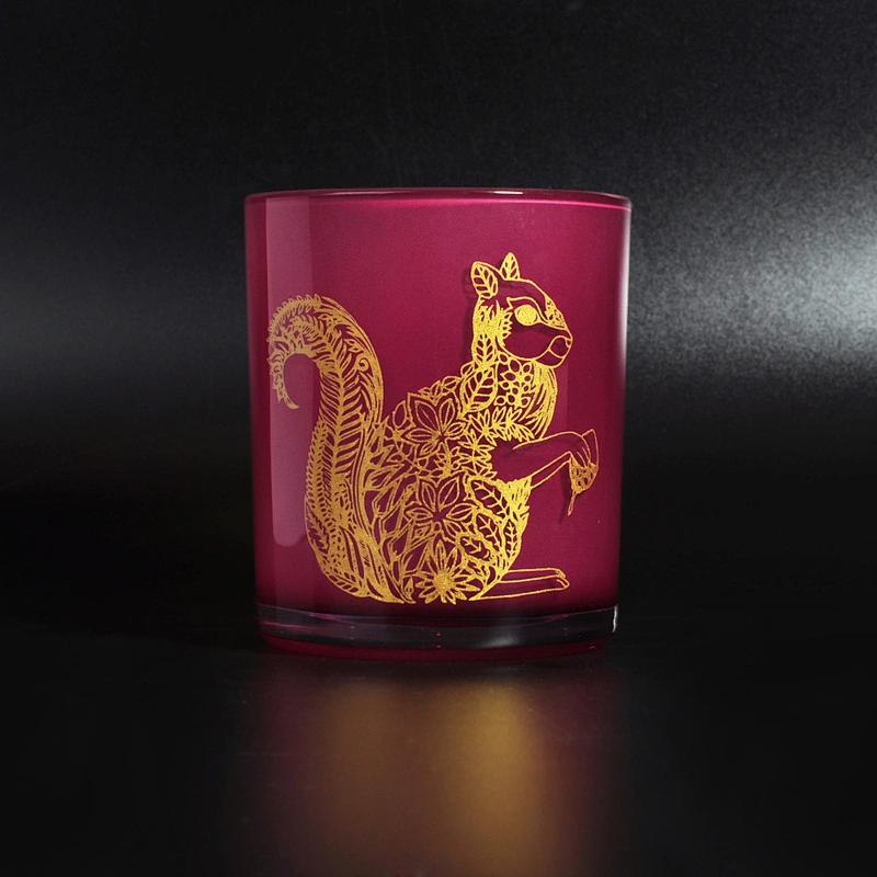 12 OZ glass candle container, red glass with gold decal