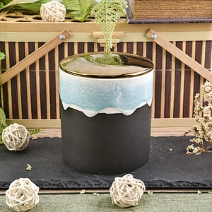 Cylinder handmade printing ceramic candle jar tea light candle holder with metal lids home decorative