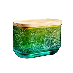 Home decoration luxury engraving tea light Glass candle container with wood lids