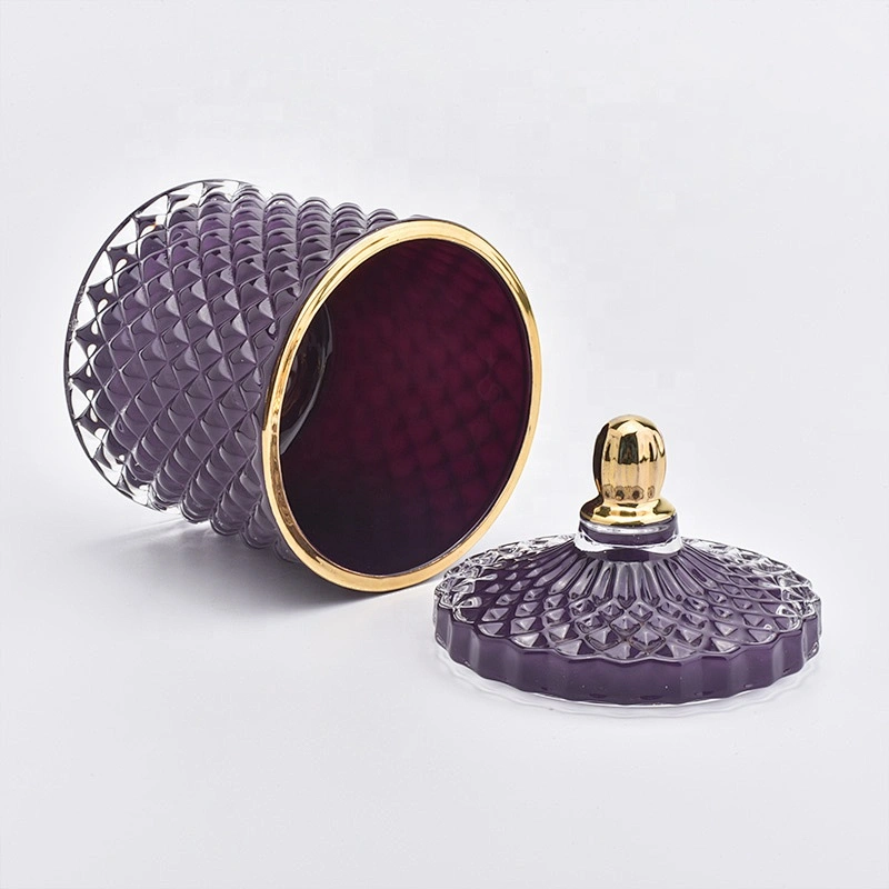 geo cut glass jar for candles, luxury purple glass candle holder with lid