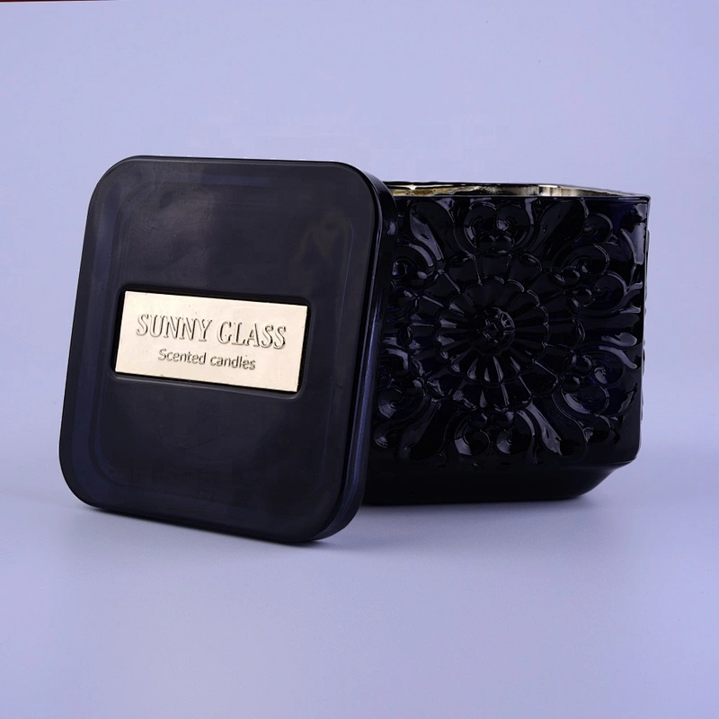 Wholesales square black crystal glass candle jar with lid