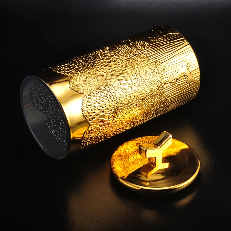 15oz Luxury custom embossed glass candle holder with gold lid