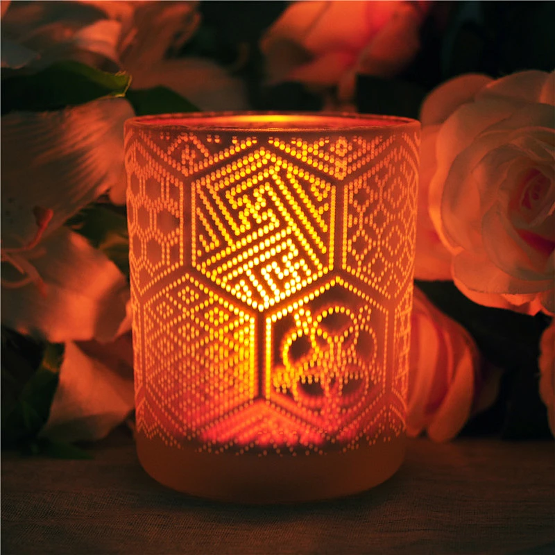 frosted glass votive candle holder, laser decoration glass container