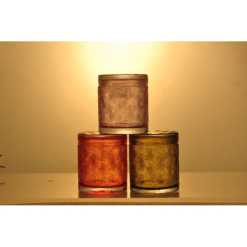Sunny design luxury embossed Glass candle holder with glass lids