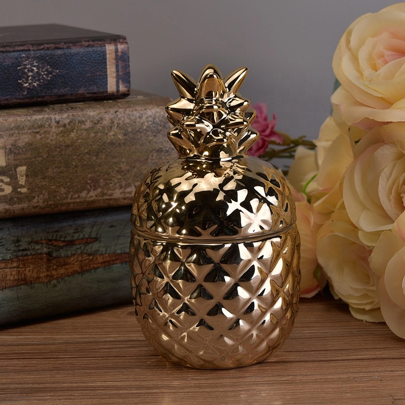 Pineapple shape ceramic candle jar decorative with gold lid wholesales