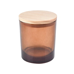 Wholesale Amber glass candle jars with wood lids