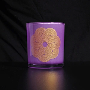 purple glass vessel with gold decal, candle container glass