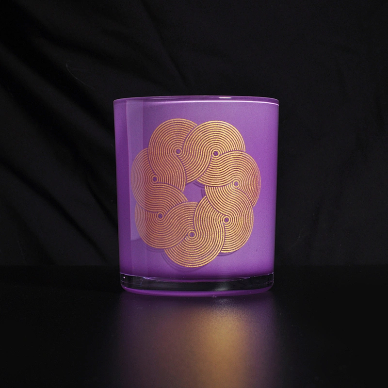 purple glass vessel with gold decal, candle container glass