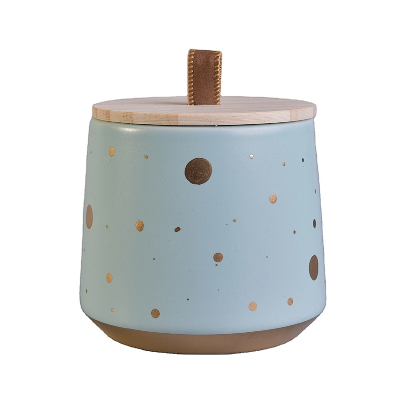Sunny empty decorative blue ceramic candle containers for making candles with wood lids