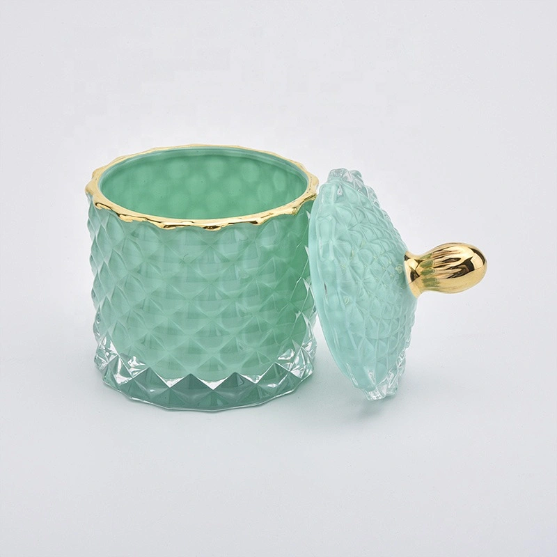 Gold Rim Solid Green Glass Candle Jar with Lids Home Decor Wholesales
