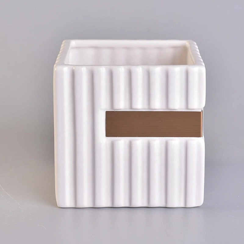 12oz Square Ceramic Candle Holders Stripes Pattern Home Decoration