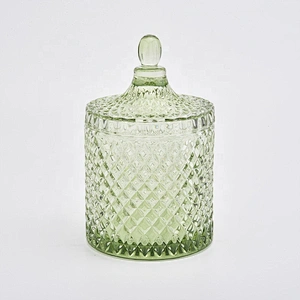 Green Diamond Glass Candle Jars with Glass Lids Home Decor Wholesales