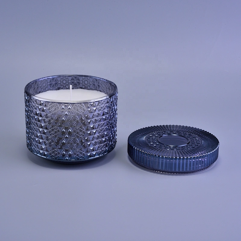 Wholesales dark blue luxury candle glass container with lid