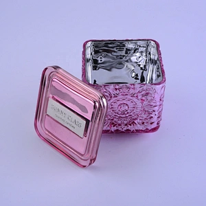 Custom pink square electroplated scented glass candle holder with lid
