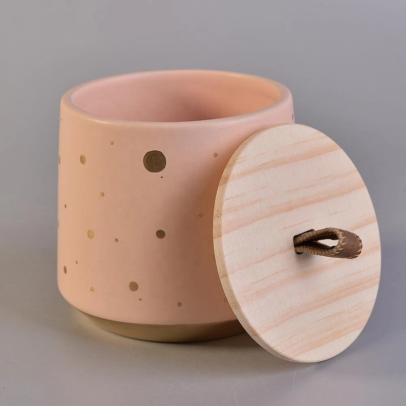 Sunny new design custom pink iridescent candle ceramic container with wood lid
