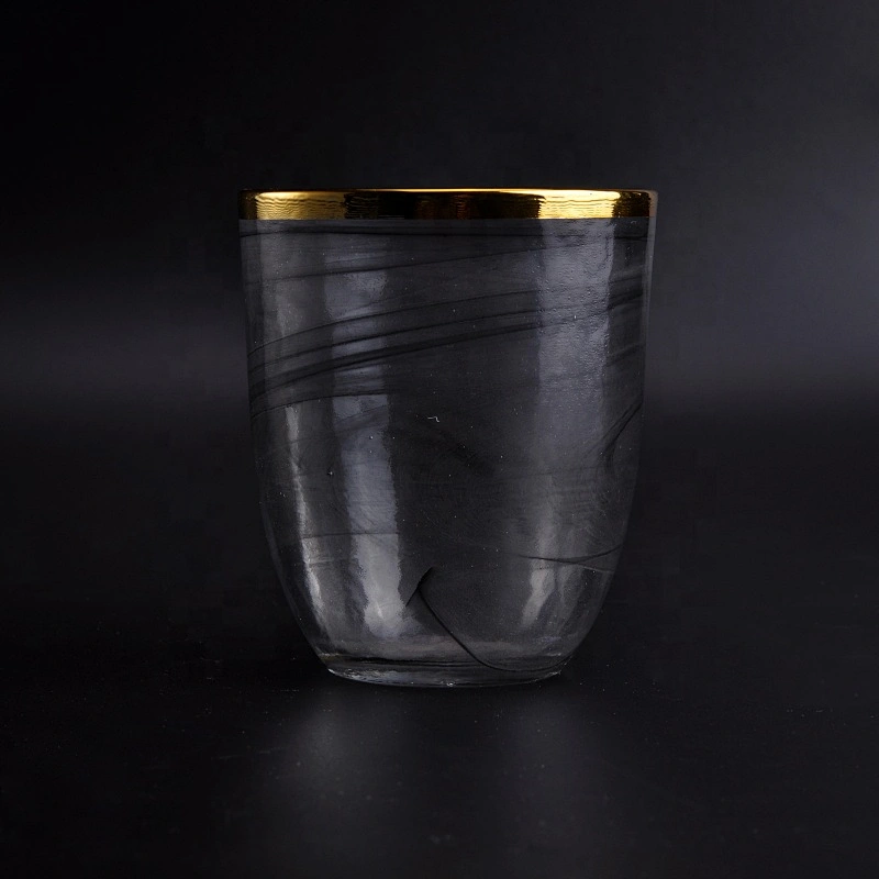 Thin smoke black  glass candle jars with gold rim home decoration wholesale