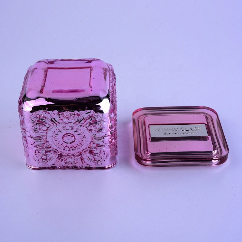 Custom pink square electroplated scented glass candle holder with lid