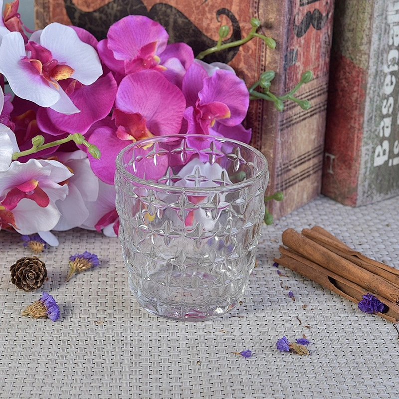Transparent embossed candle bottles glass candle cup in bulk
